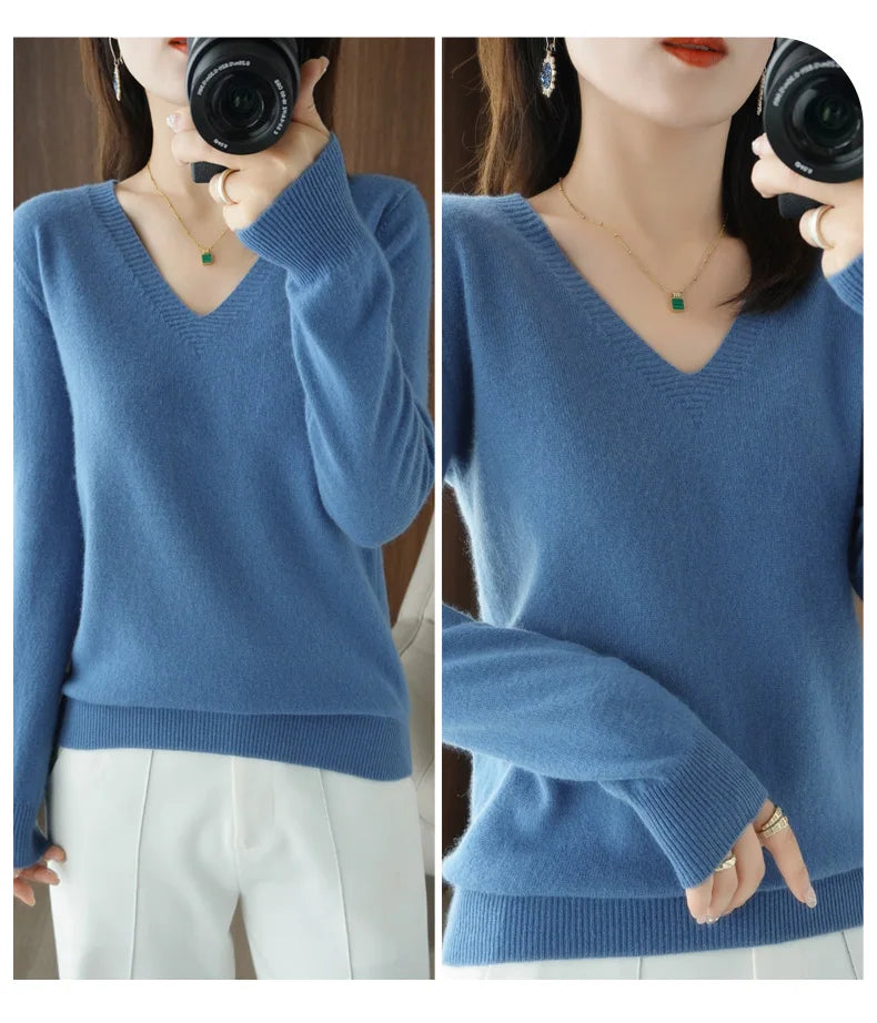 New Women’s Cashmere V-Neck Pullover – Lace Hollow Out Long Sleeve Knitted Sweater for Fall & Winter