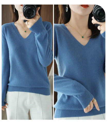 New Women’s Cashmere V-Neck Pullover – Lace Hollow Out Long Sleeve Knitted Sweater for Fall & Winter
