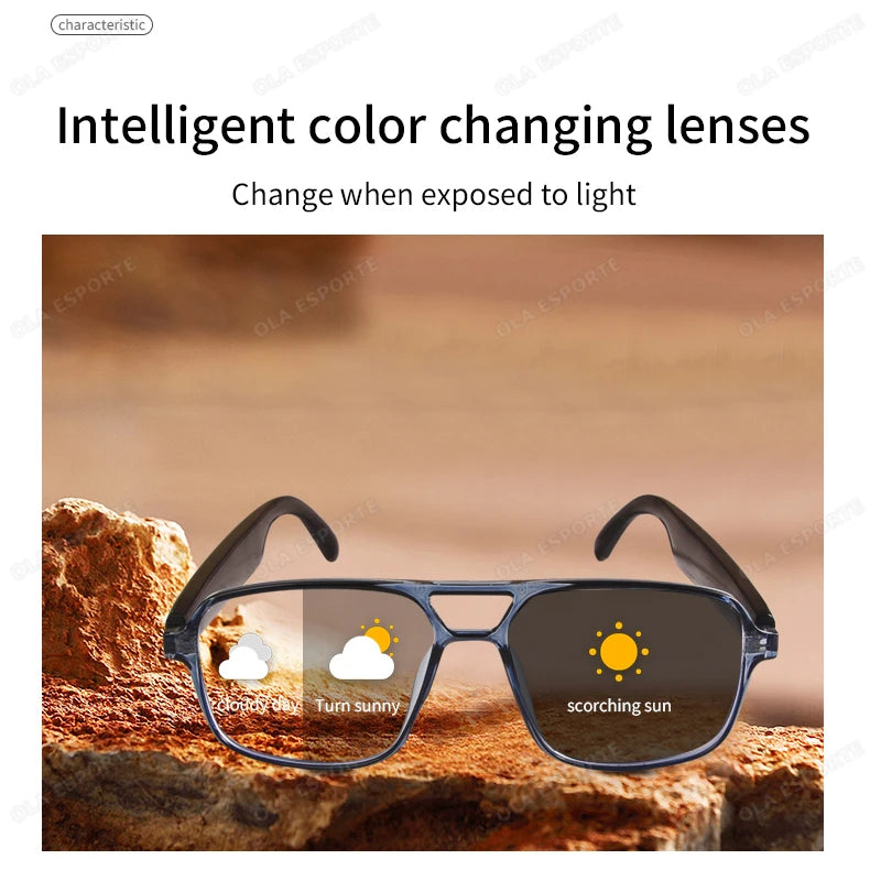 Smart Bluetooth Glasses with AI Voice Navigation – Outdoor Sports Headphones, Photochromic Lens, Waterproof & Anti-UV Sunglasses