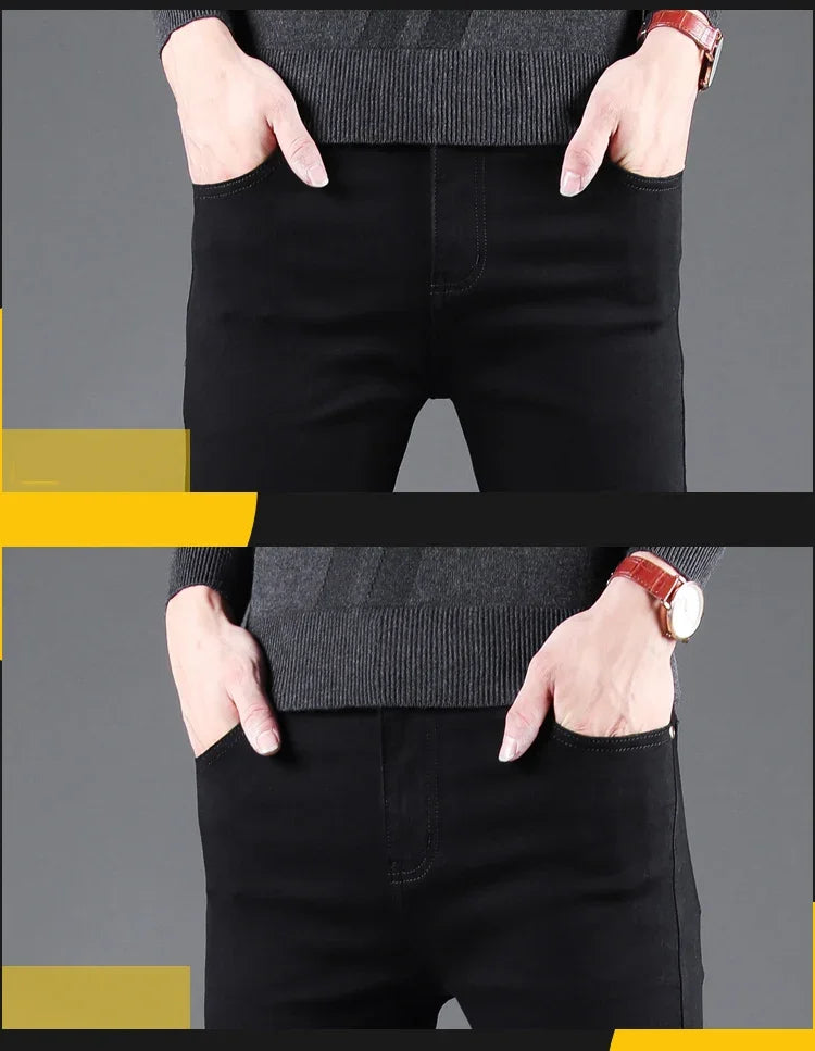 Men’s Spring Autumn Slim Black Jeans — Elastic Straight Korean Vintage Denim Pants for Business & Casual Wear