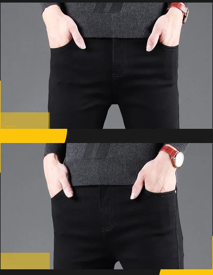 Men’s Spring Autumn Slim Black Jeans — Elastic Straight Korean Vintage Denim Pants for Business & Casual Wear