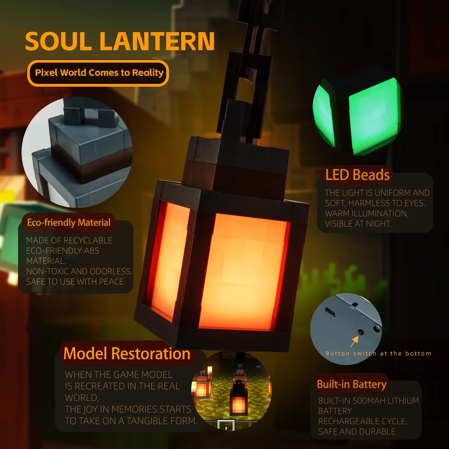 Mine WORLD Luminous Lantern Figurine – Rechargeable Game Torch Night Light for Kids’ Room & Christmas Decor