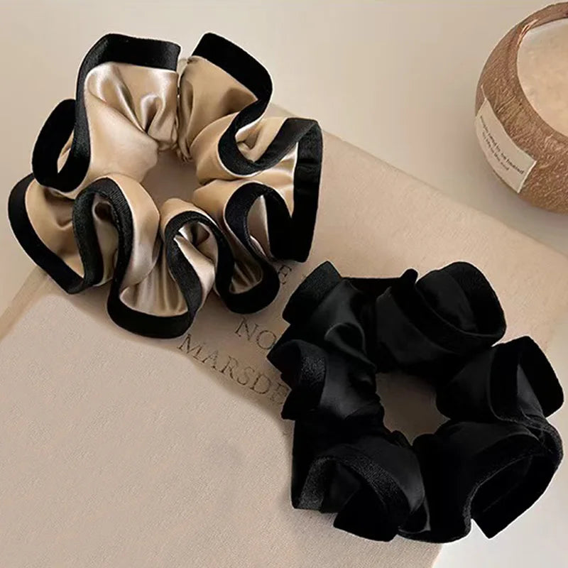 Velvet-Edged Satin Bloom Scrunchie - Elegant Hair Tie for Everyday Style