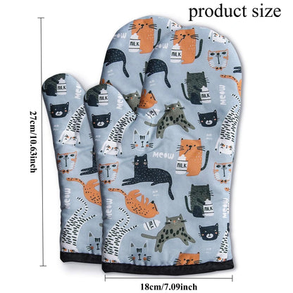 2PCS Cat Print Microwave Oven Mitts – Thickened Heat-Resistant Soft Cotton Gloves for Baking & Kitchen Use