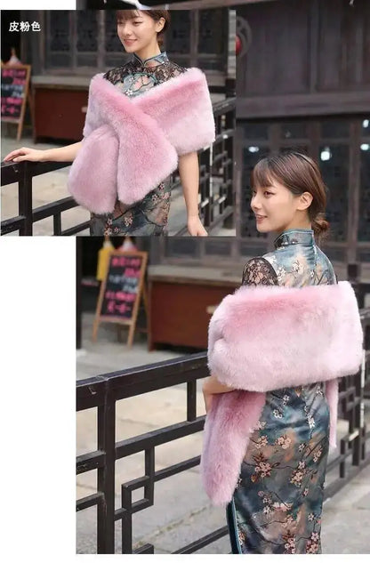 32-Color Luxury Faux Fox Fur Shawl – Women’s Plush Winter Scarf, Wrap & Cape for Wedding & Coat