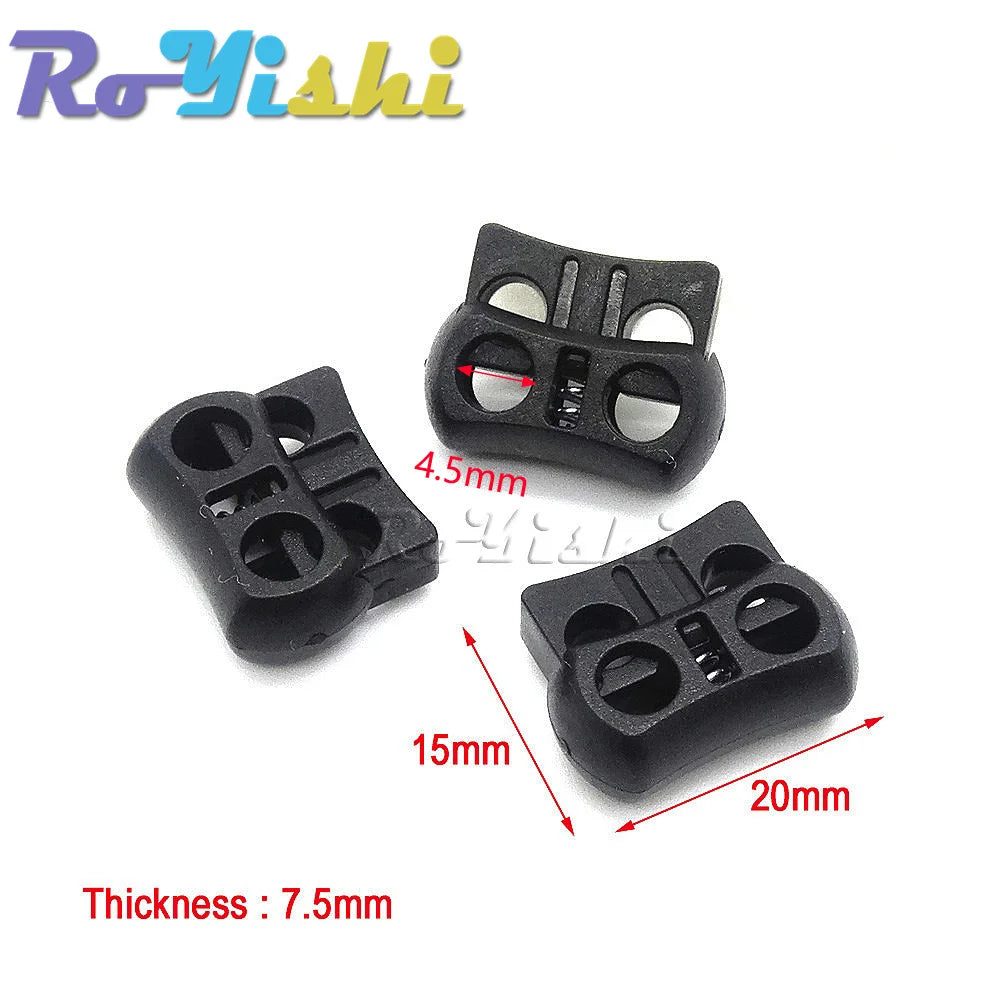 10pcs 2-Hole Plastic Cord Lock Toggle – Black Stopper Clip 15x20x7.5mm for Drawstrings & Lanyards
