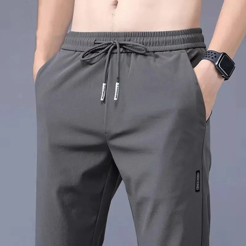 2024 New Ice Silk Men's Pants - Summer Black Gray Thin Business Casual, Elastic Breathable Outdoor Straight Leg Sweatpants