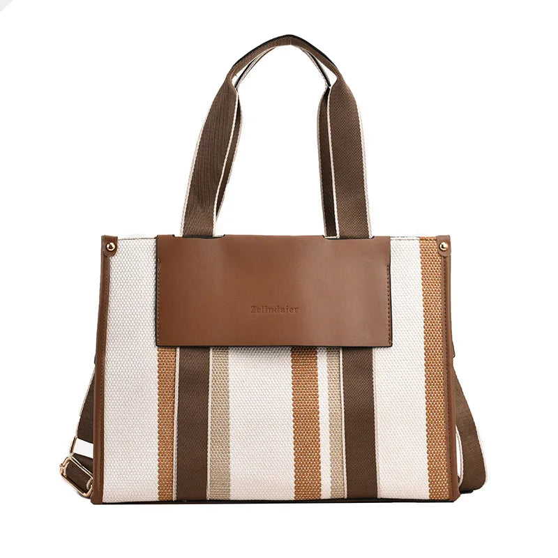 MOODS Quality Canvas Tote Bag for Women 2023 – Luxury Designer Handbag, Contrast Color Striped, Big Shoulder Crossbody Shopper Totes