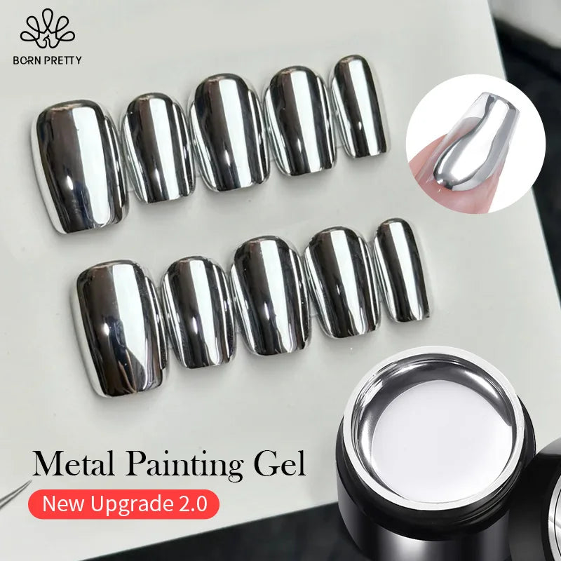 BORN PRETTY 5ML Super Silver Metallic Gel Nail Polish - Mirror Chrome Effect, Semi-Permanent Metal Painting Gel for DIY Nails