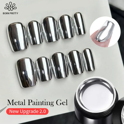 BORN PRETTY 5ML Super Silver Metallic Gel Nail Polish - Mirror Chrome Effect, Semi-Permanent Metal Painting Gel for DIY Nails