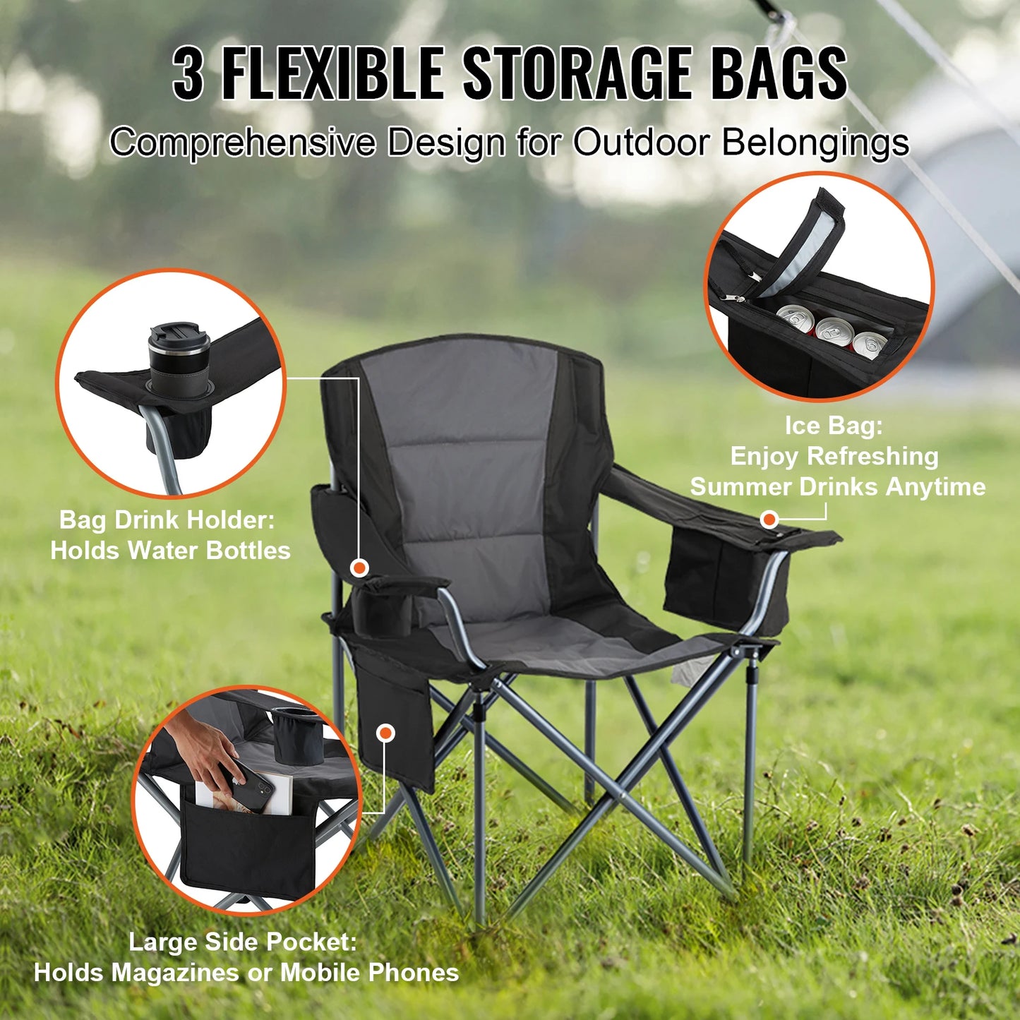 Camping Folding Chair — Portable Padded Armchair with Lumbar Support & Side Pockets for Beach, Lawn, Picnic