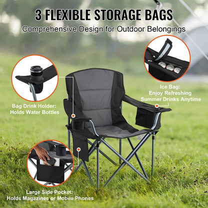 Camping Folding Chair — Portable Padded Armchair with Lumbar Support & Side Pockets for Beach, Lawn, Picnic