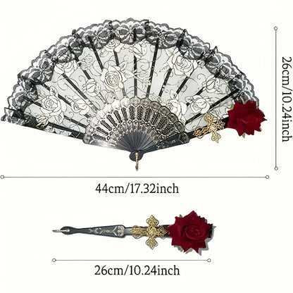 Vintage Spanish Flamenco Rose Lace Folding Fan - Elegant Handheld Fan for Weddings & Parties