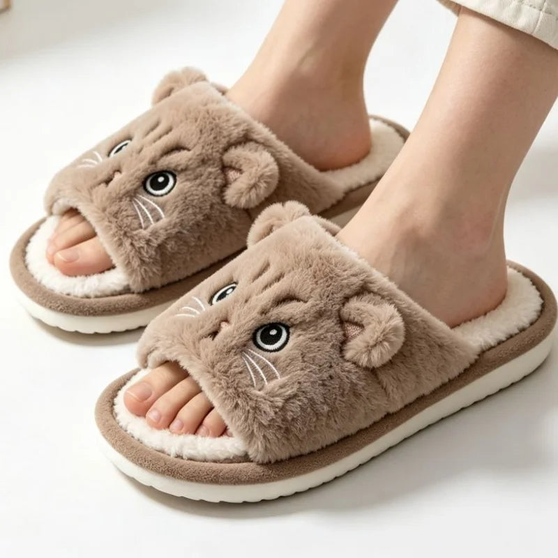 Cute Cat Plush Flip Flops - Warm Fuzzy Cartoon Animal Indoor House Slippers