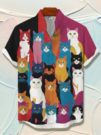 Men’s Cat Graphic Button Down Shirt - Oversized Short Sleeve Summer Hawaiian Vacation Top