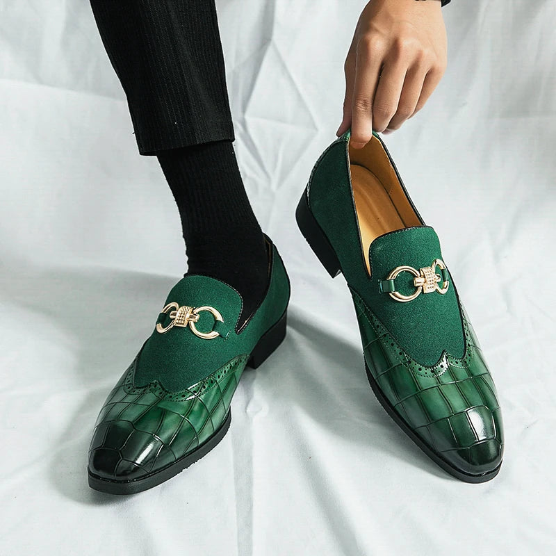 Autumn Green Nubuck Leather Loafers for Men - Slip-On Pointed Toe Casual Shoes with Thick Sole and Luxury Fashion Style