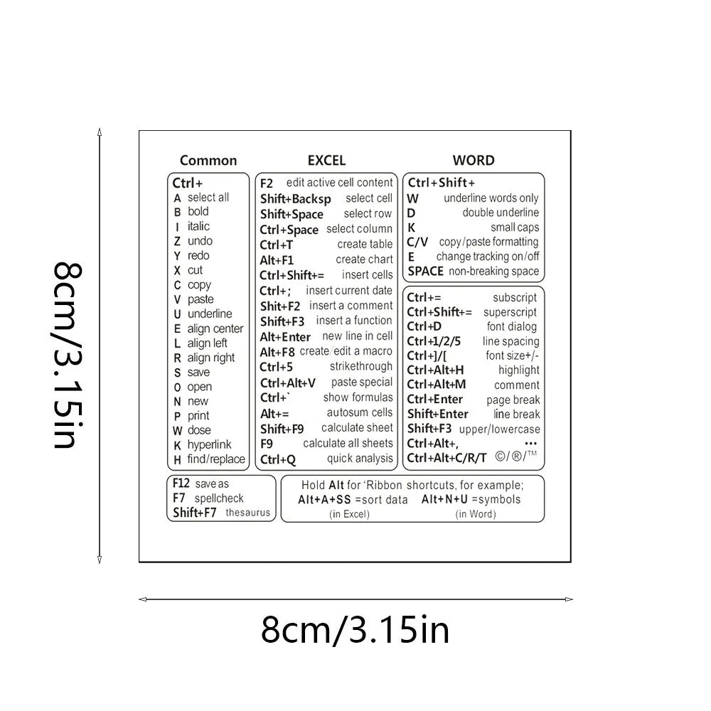 Keyboard Shortcut Stickers - Self-Adhesive Quick Reference Labels for Windows, Excel & Word