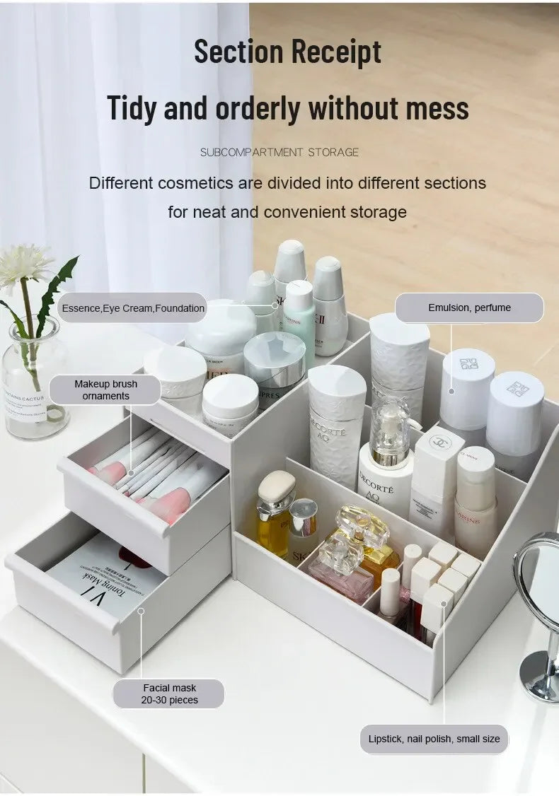 White New Drawer Makeup Storage Box – Plastic Dormitory & Desktop Organizer for Cosmetics & Skin Care – Dressing Table Storage Solution