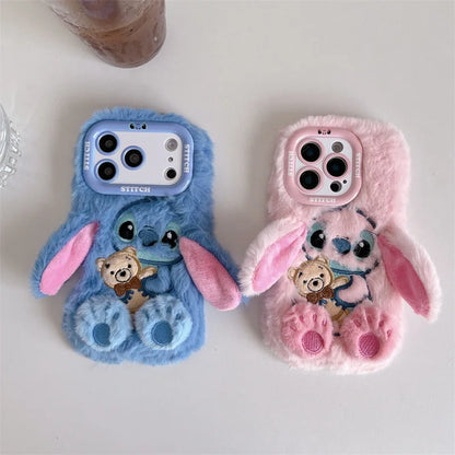 3D Cute Stitch Ear Plush Phone Case – Fluffy Shockproof Cover for iPhone 13–17 Pro Max & Plus