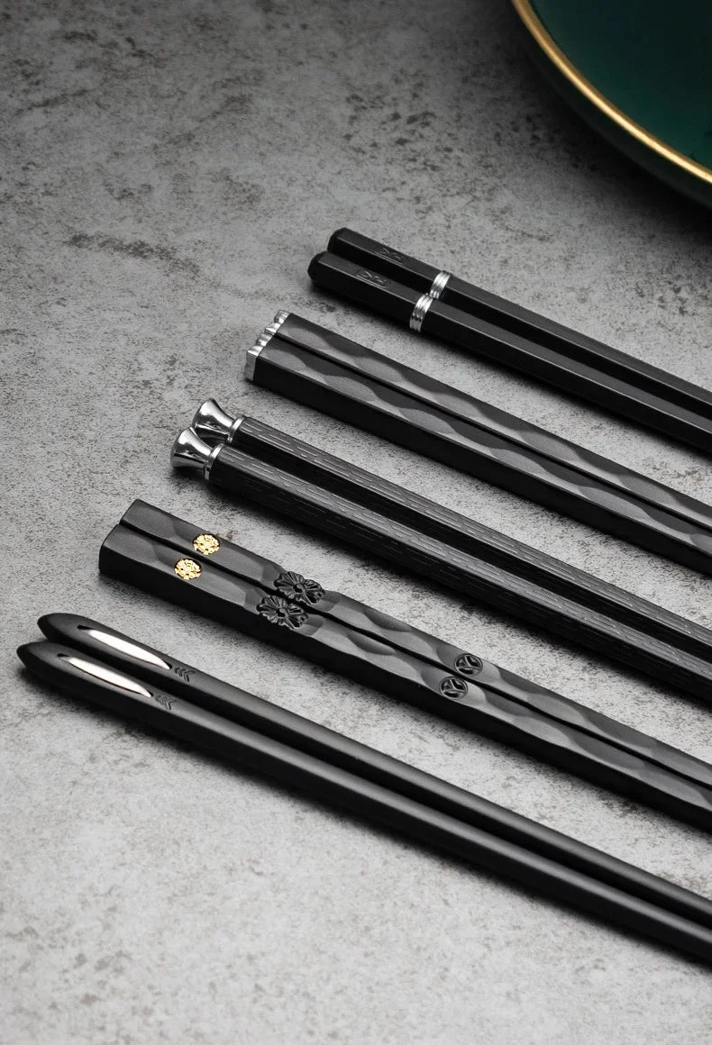 5 Pairs Japanese Reusable Chopsticks – Black Sushi Sticks for Food, Noodles, Alloy Chinese & Korean Kitchen Tableware