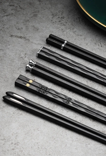 5 Pairs Japanese Reusable Chopsticks – Black Sushi Sticks for Food, Noodles, Alloy Chinese & Korean Kitchen Tableware