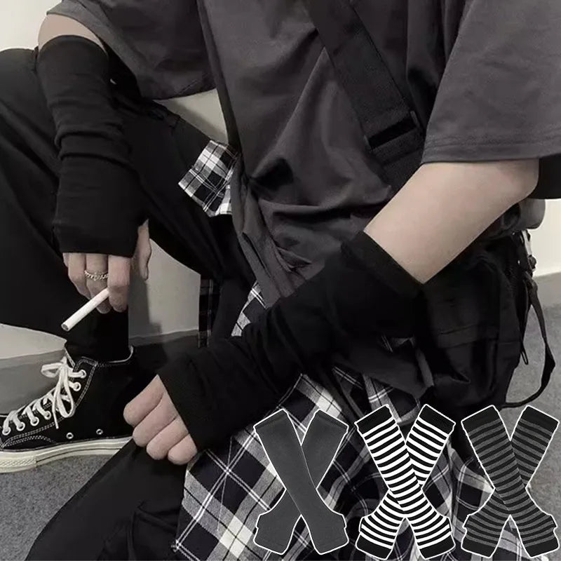Punk Long Arm Fingerless Gloves – Adjustable Elastic Stripe Nylon Winter Arm Covers, Protective Cool Sleeves Mittens for Men & Women
