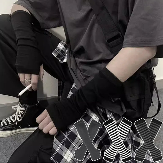 Punk Long Arm Fingerless Gloves – Adjustable Elastic Stripe Nylon Winter Arm Covers, Protective Cool Sleeves Mittens for Men & Women