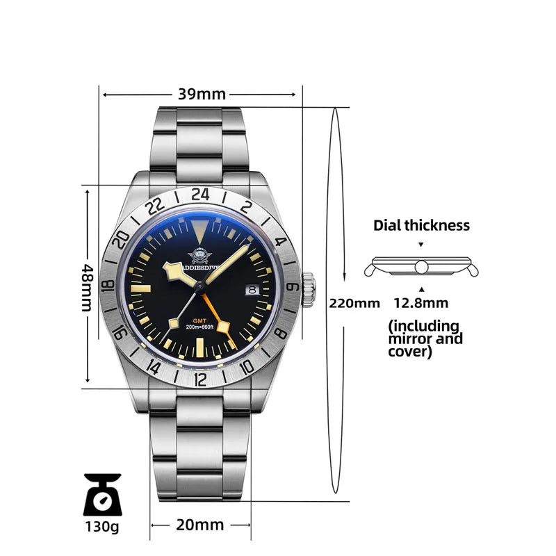 ADDIESDIVE GMT Men’s Diver Watch – 39mm Stainless Steel, Luminous Calendar Display, 20ATM Quartz Reloj Hombre