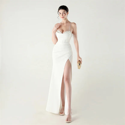 DEERVEADO Women’s Satin Strap Evening Dress — Beaded Sexy Mermaid Slit Long Formal Party Gown