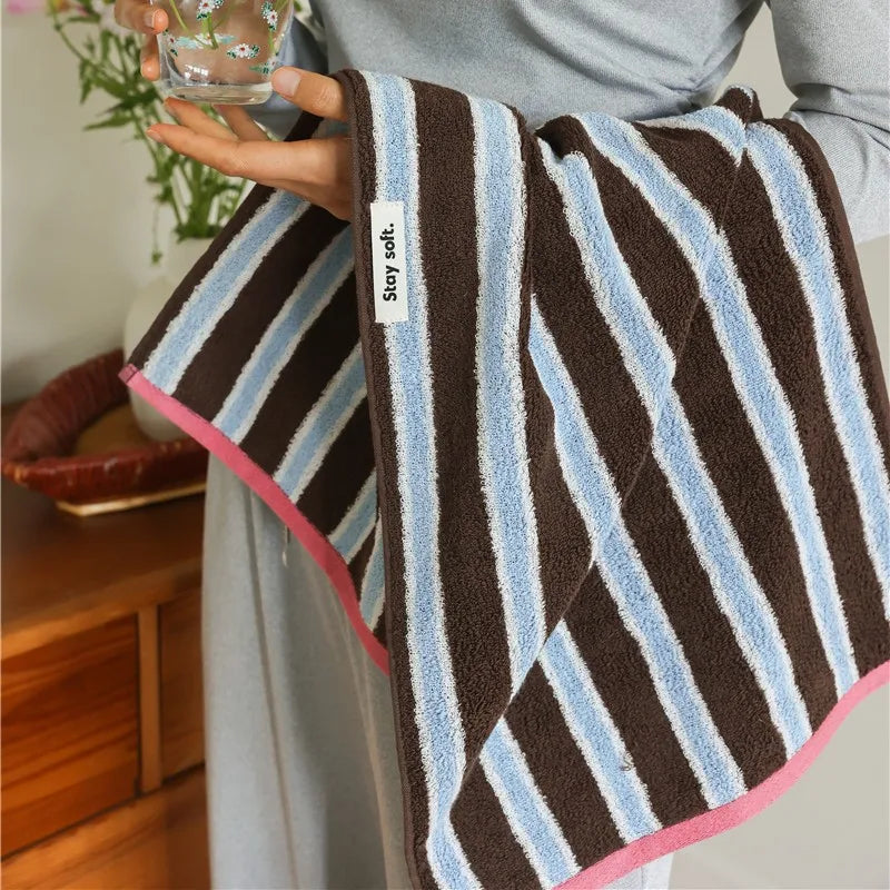 Autumn Winter Striped Cotton Bath Towel – Soft Plush Absorbent Washcloth for Bathroom Use, Unisex Home Spa & Hotel Towel