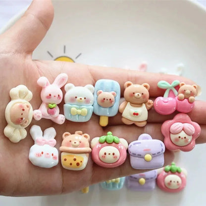 10-Piece Cute Cherry, Rabbit, and Bear Resin Embellishments - Kawaii Flatback Charms for DIY Scrapbooking, Crafts, and Home Decor