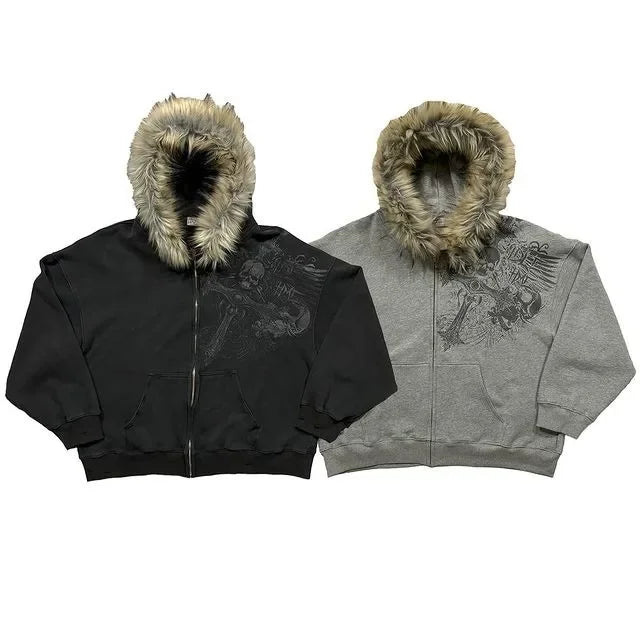 Y2K Vintage Streetwear Men’s Hoodie – Warm Loose Cardigan with Fur Collar & Skull Print Zipper Sweatshirt for Winter