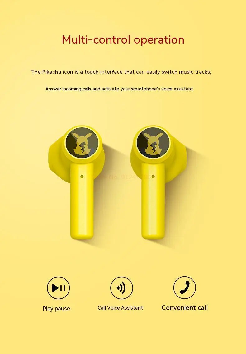 Pokémon Pikachu Wireless Bluetooth 5.0 Earphones – Noise Reduction Sport Headphones with Touch Control & Mic, Universal Gift