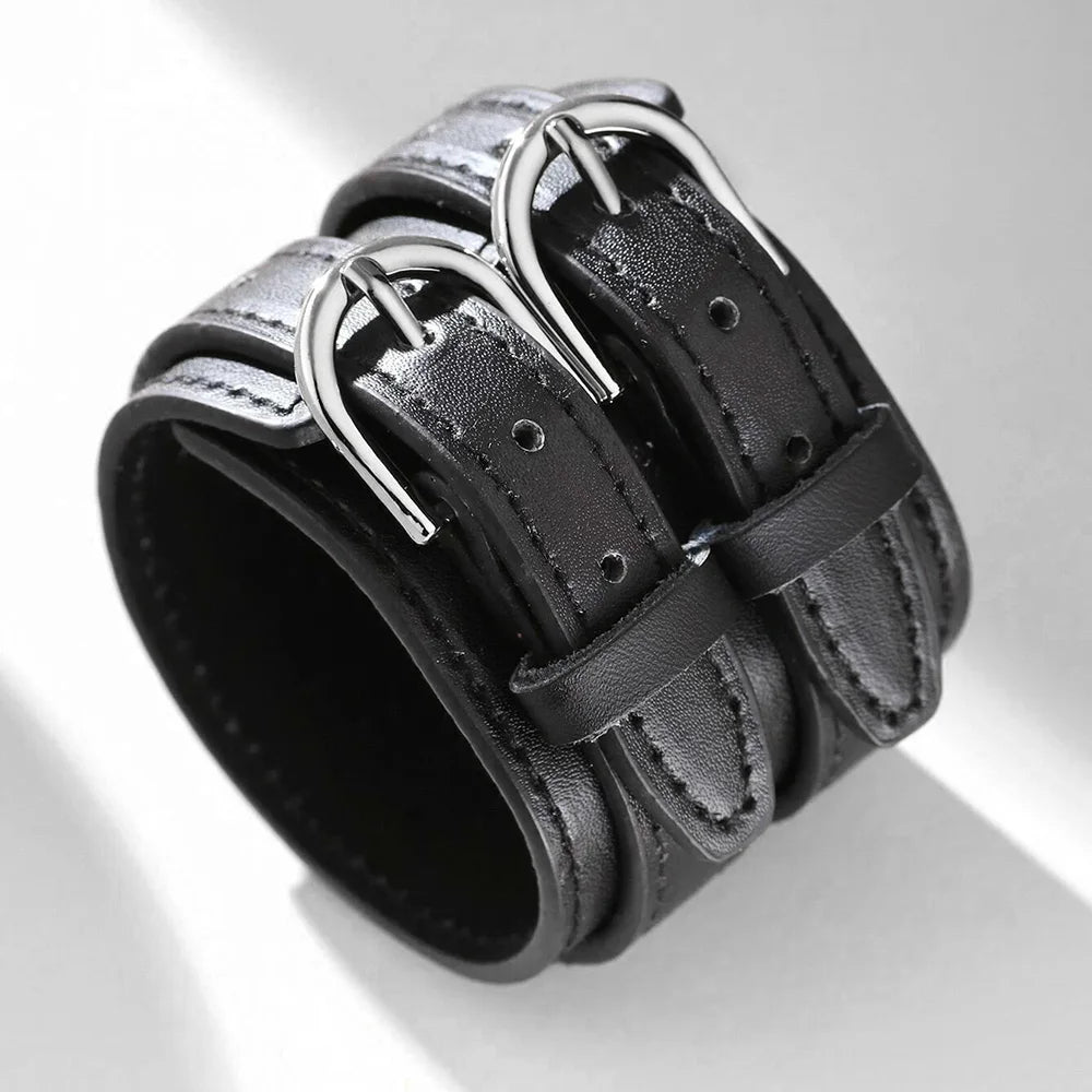 Men’s Genuine Leather Bracelet - Wide Adjustable Vintage Punk Friendship Jewelry with Buckle Closure