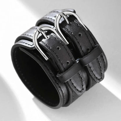Men’s Genuine Leather Bracelet - Wide Adjustable Vintage Punk Friendship Jewelry with Buckle Closure