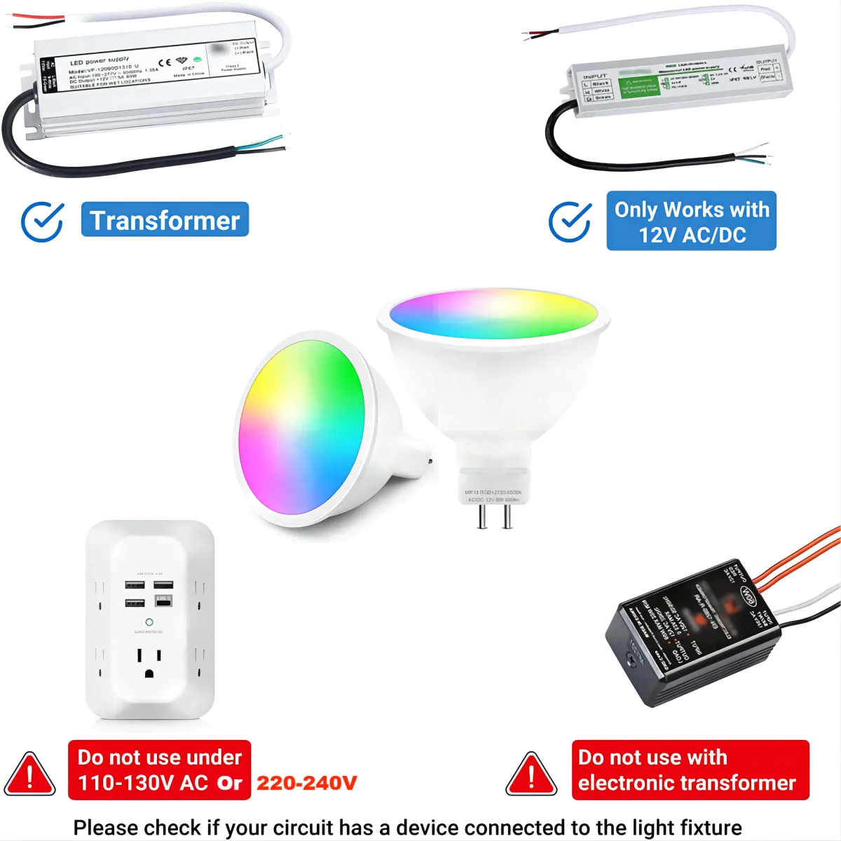 Smart MR16 RGB LED Bulb GU5.3 12V Dimmable Color Changing (16 Million Colors) Alexa Compatible Bi-Pin Light Bulb
