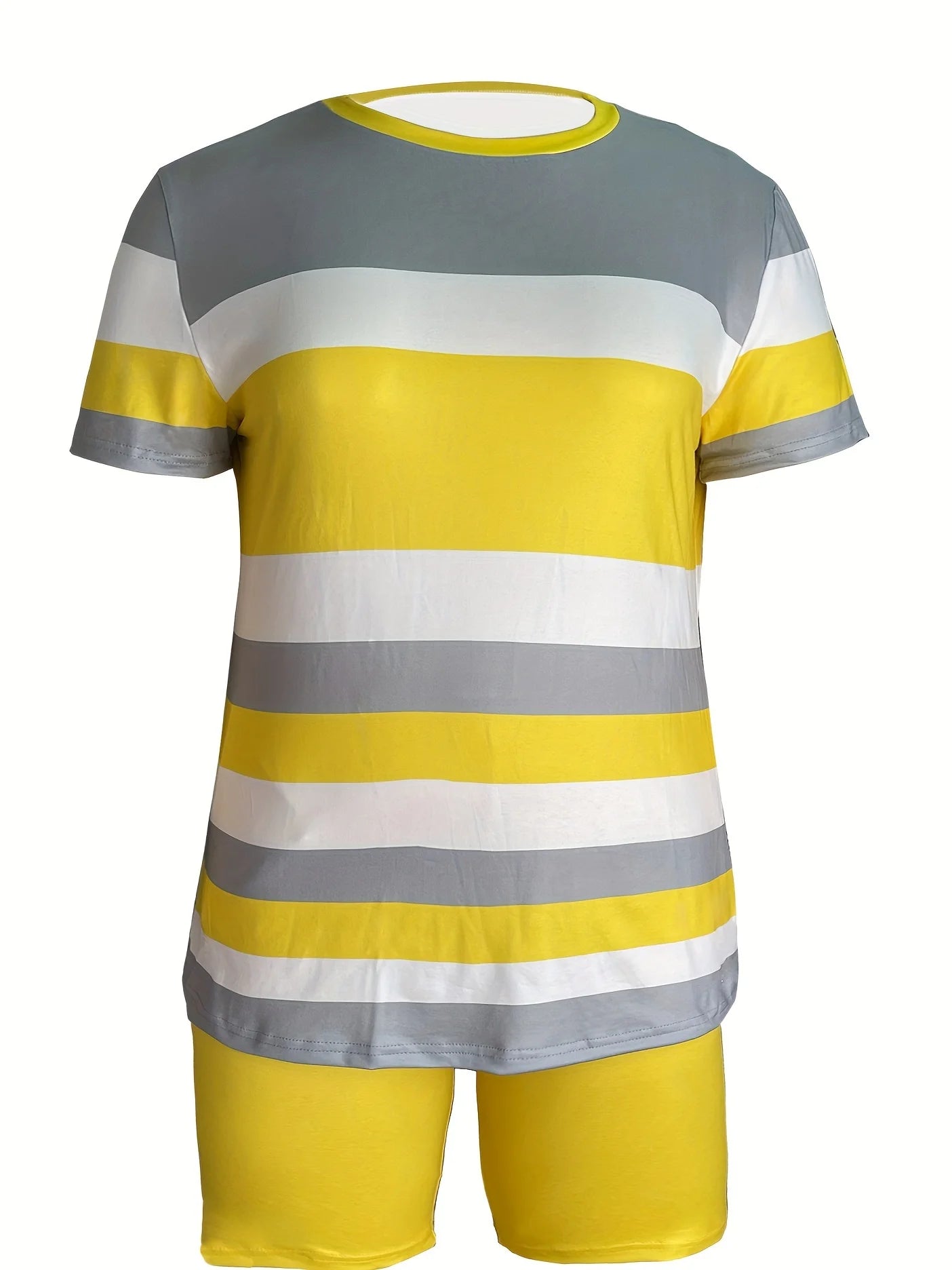 Plus Size Women’s Two-Piece Striped Outfit Set – Short Sleeve Top & High Waist Shorts Casual Summer Wear