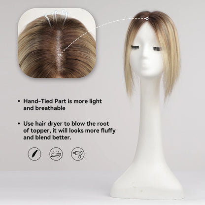 Blonde Brown Ombre Hair Topper – 100% Remy Human Hair, 12" Silk Base, 150% Density, 3-Clip Hairpiece for Women