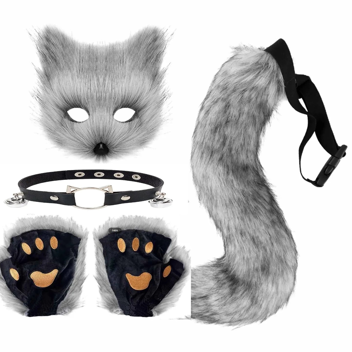 5pcs Fluffy Fur Fox Tail & Cat Paws Gloves Set — Wolf Mask Halloween Cosplay Costume Accessories for Theme Party Dress-Up