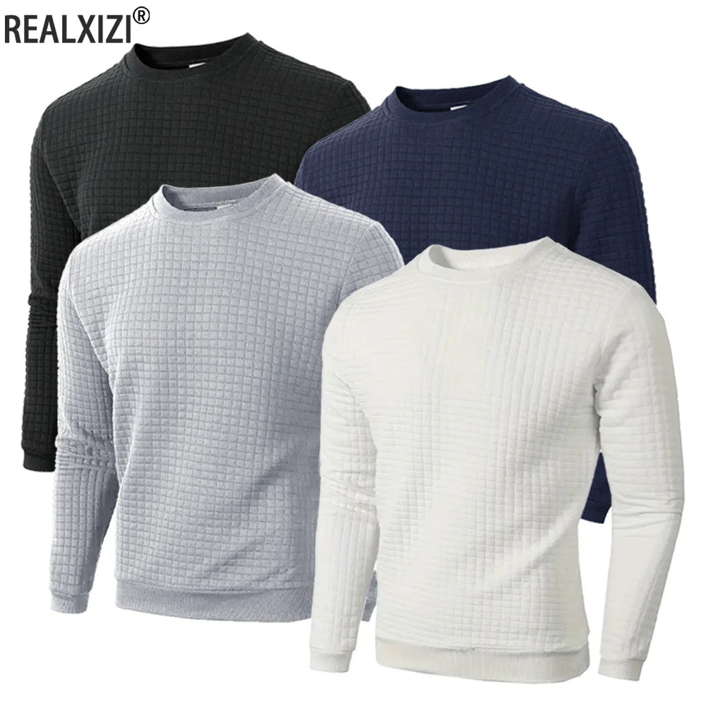 Men's Crew Neck Knit Sweater - Solid Color Jacquard Check Pullover Warm Casual Streetwear Top