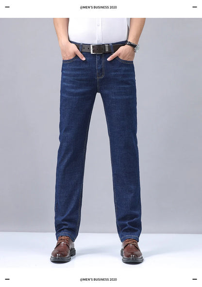 Men’s Casual Comfortable Jeans – Straight Loose Fit High Waist Elastic Trousers for All Seasons & Office Wear