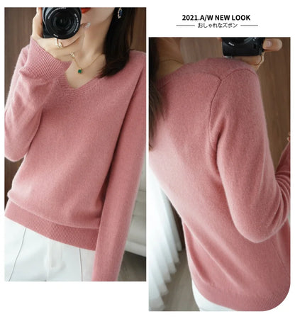 New Women’s Cashmere V-Neck Pullover – Lace Hollow Out Long Sleeve Knitted Sweater for Fall & Winter