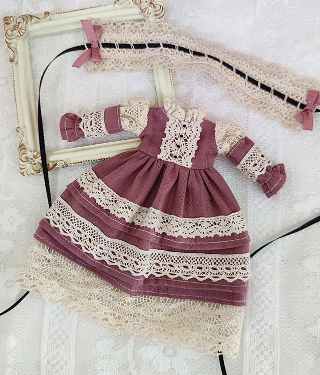 Blythe Doll Clothes – Wine Red & White Princess Dress with Lace for YMY, Licca, Azone OB24/OB27 Dolls