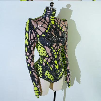 Sexy Sparkly Green Rhinestone Bodysuit – Stage Dance Costume for Party, Bar Show, Drag Queen, Cosplay & Halloween