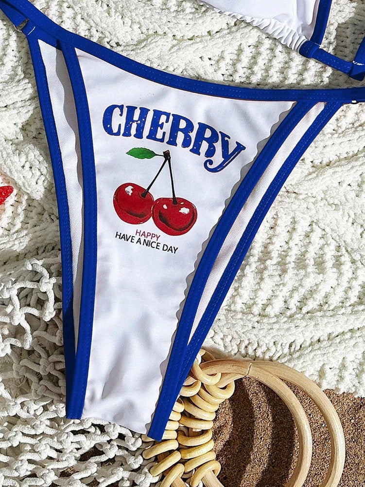 Women’s Cherry Print Halter Bikini Set – Sexy 3 Piece Dark Blue Beach Swimsuit 2026