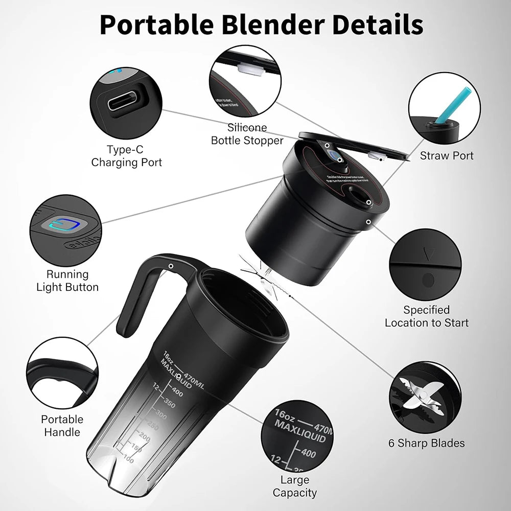 Portable Fruit Juicer - Rechargeable Mini Blender with 6 Sharp Blades for Shakes and Smoothies