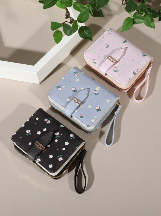 Flower Patterned Credit Card Holder – Small Zipper Card Case Wallet for Women & Men, Handheld and Compact