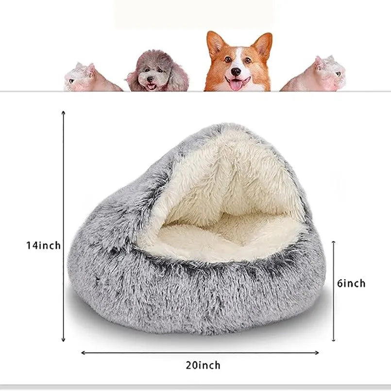 Round Soft Plush Pet Bed with Cover - 2-in-1 Cat and Dog Sleeping Nest Cave, Warm Pet Mattress for Small Dogs