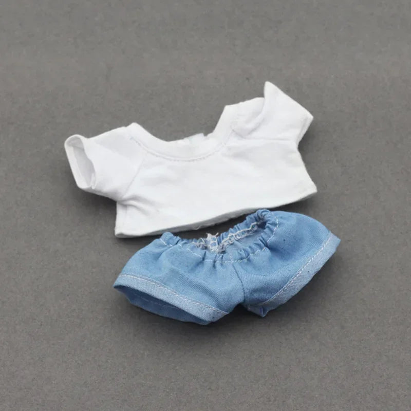 Doll Clothes Outfit for Kpop EXO Labubu & Cotoon Dolls – T-Shirt & Denim Shorts Set for 10-17cm Dolls
