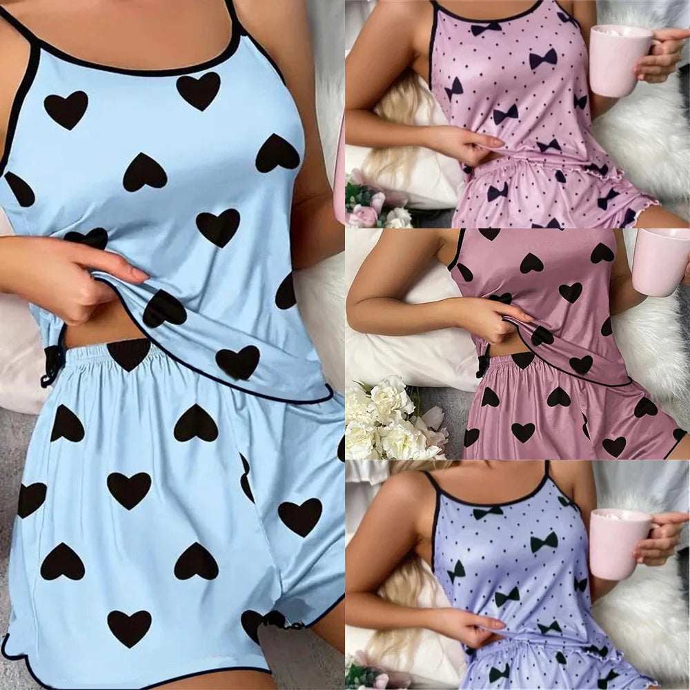 Women’s Pajama Set — Pink Heart Print Ice Silk T-Shirt & Shorts, Comfortable Casual Summer Sleepwear